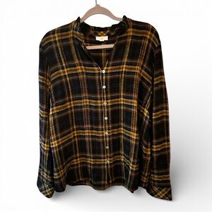 J. Jill Women Pintuck Top Blouse Shirt Size L Plaid Button Up Collared